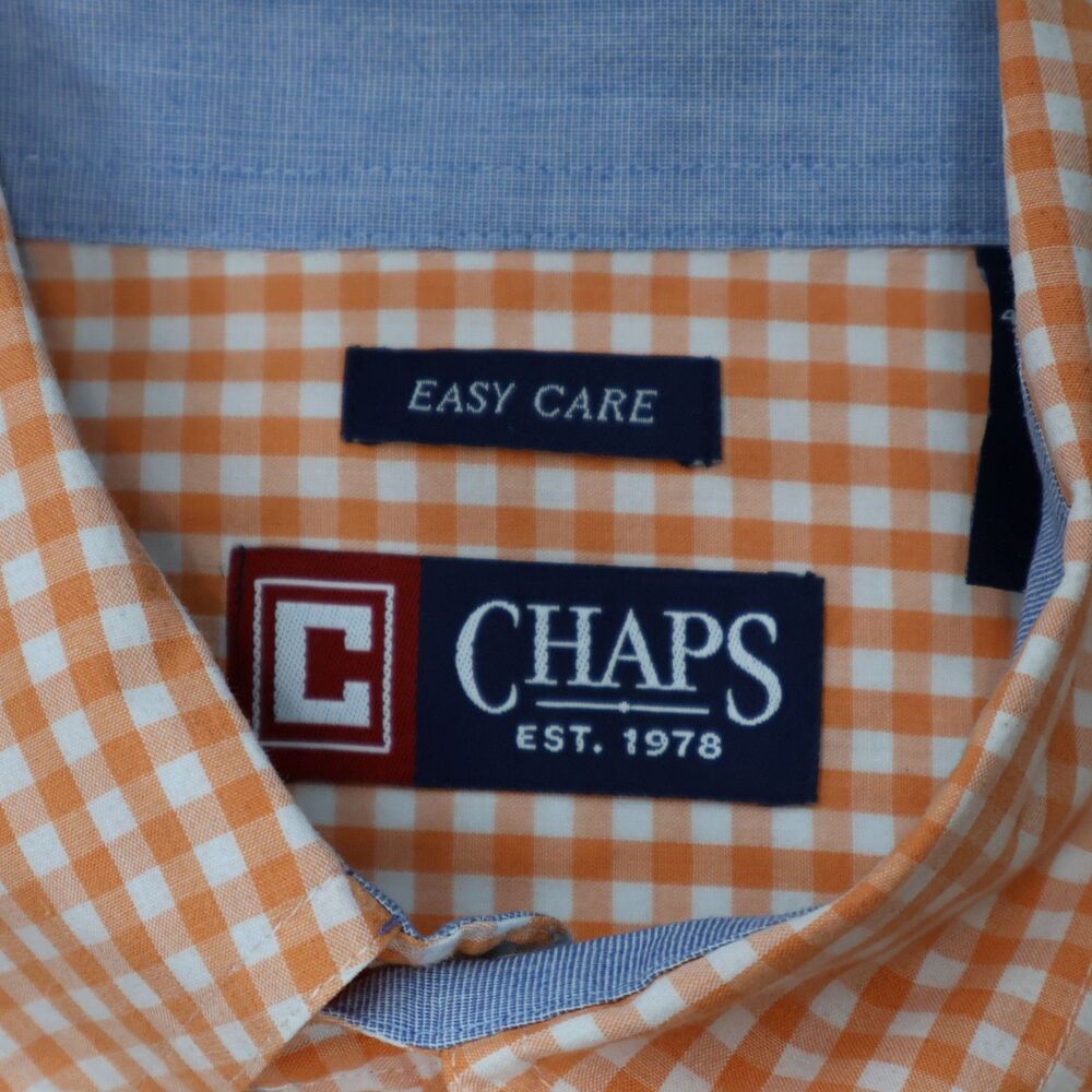 Chaps Mens Long Sleeve Button Down Shirt M Medium Orange Gingham Check Easy Care - Picture 9 of 13